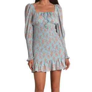 Cistar New York All Over Smocked Floral Mini Dress Peasant Blue NWT Size Large